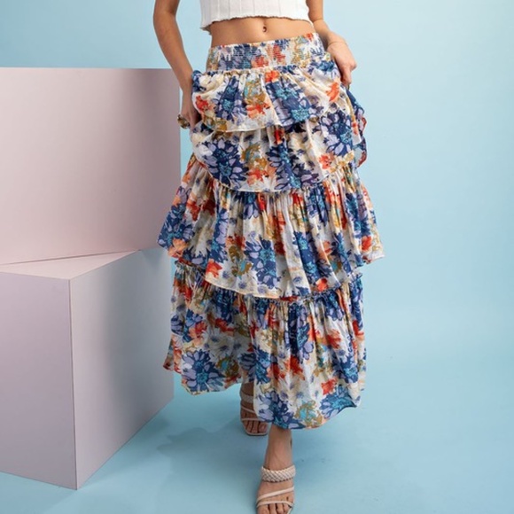 029 Boho Floral Tropical Print Smocked Waist Maxi Skirt - Picture 8 of 8